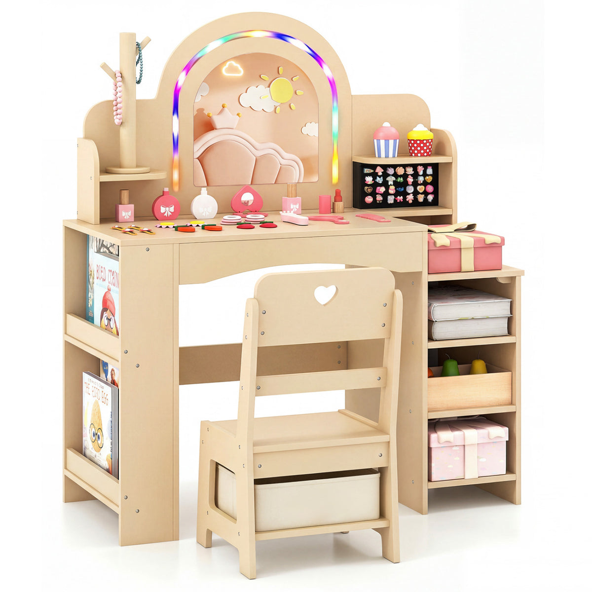 Kids Vanity Set with Colorful LED Lights Princess Makeup Dressing Table with Chair
