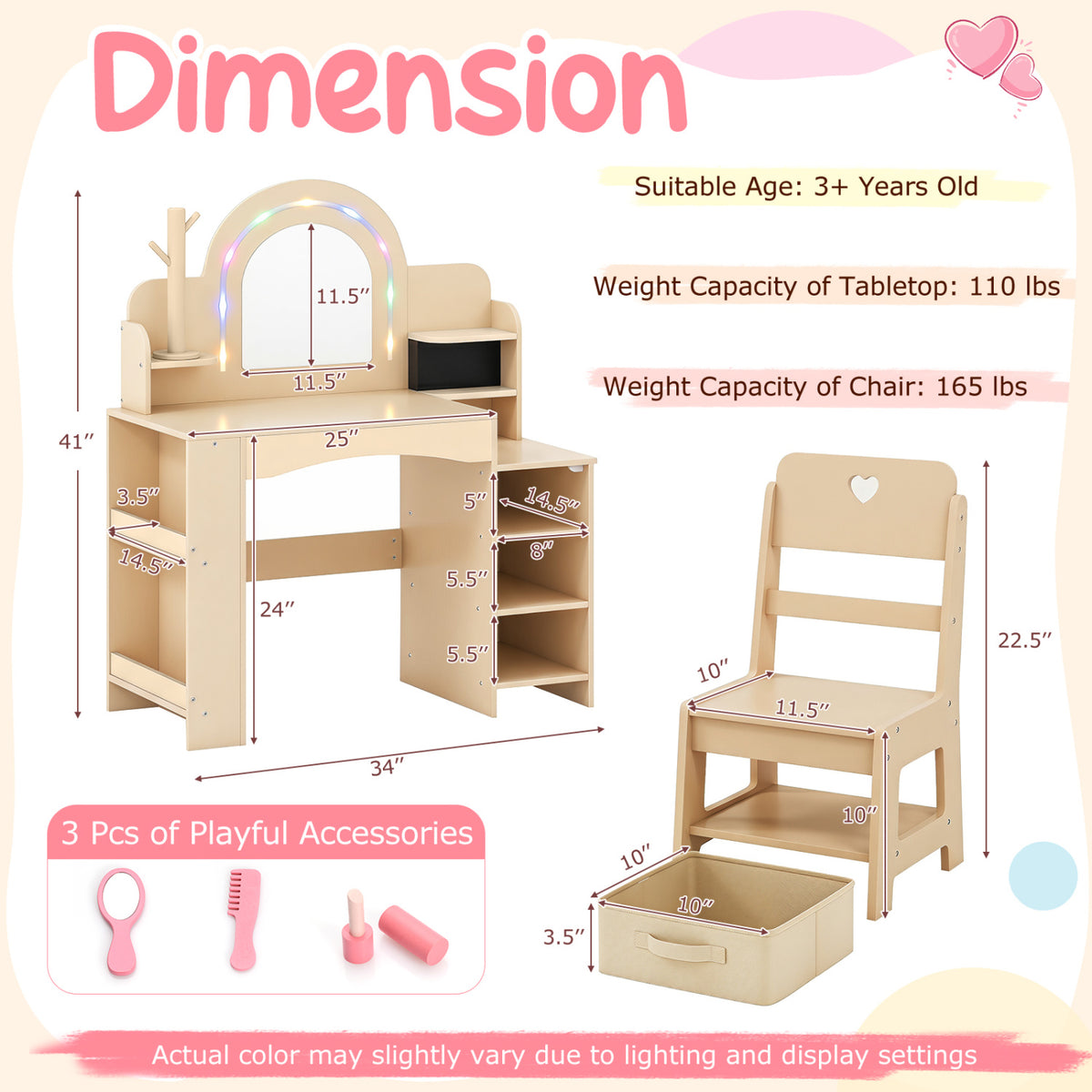 Kids Vanity Set with Colorful LED Lights Princess Makeup Dressing Table with Chair
