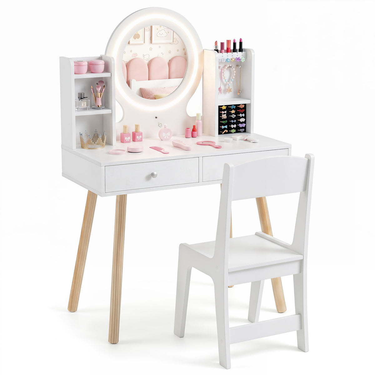 Kids Vanity Set with Lighted Mirror and Storage Drawers