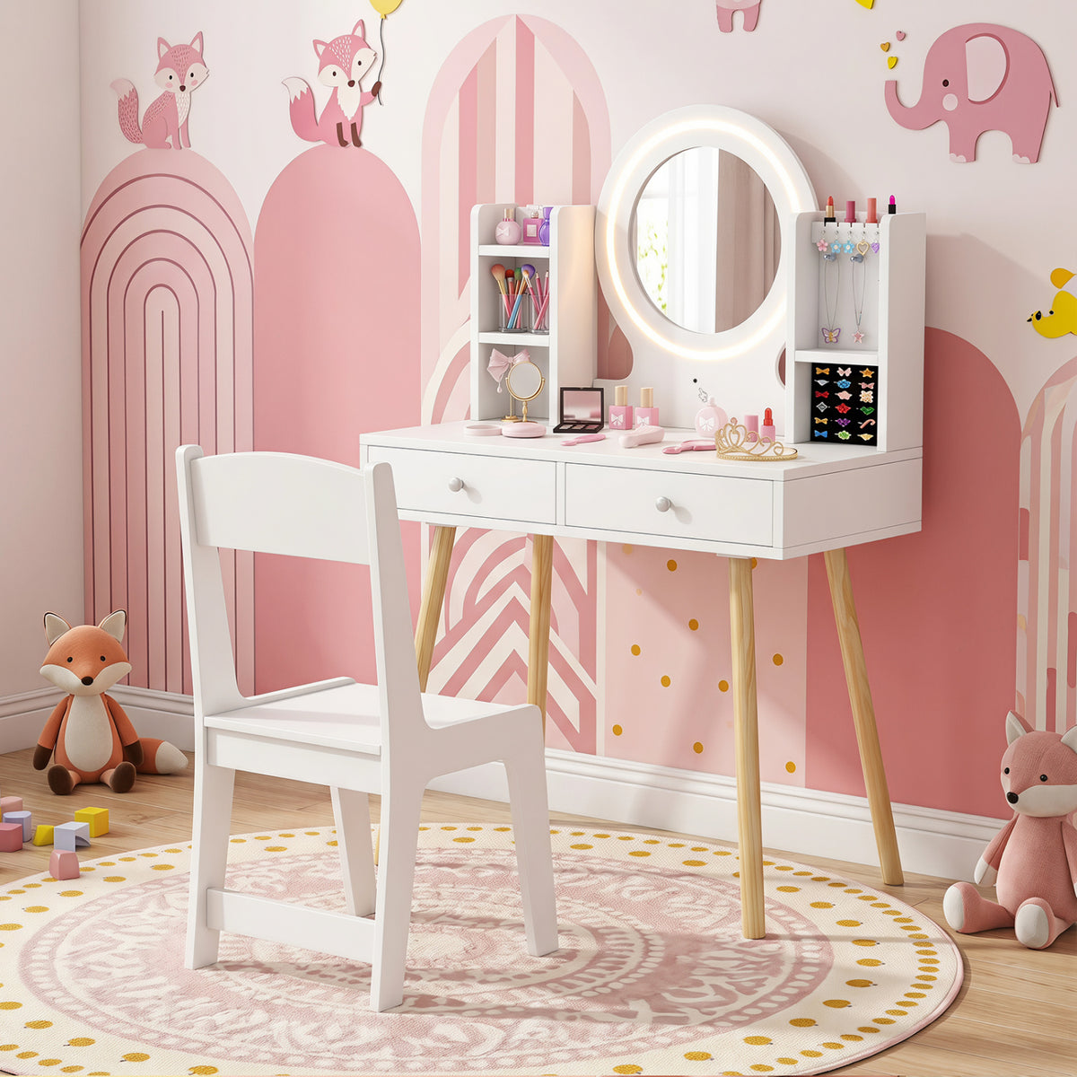 Kids Vanity Set with Lighted Mirror and Storage Drawers
