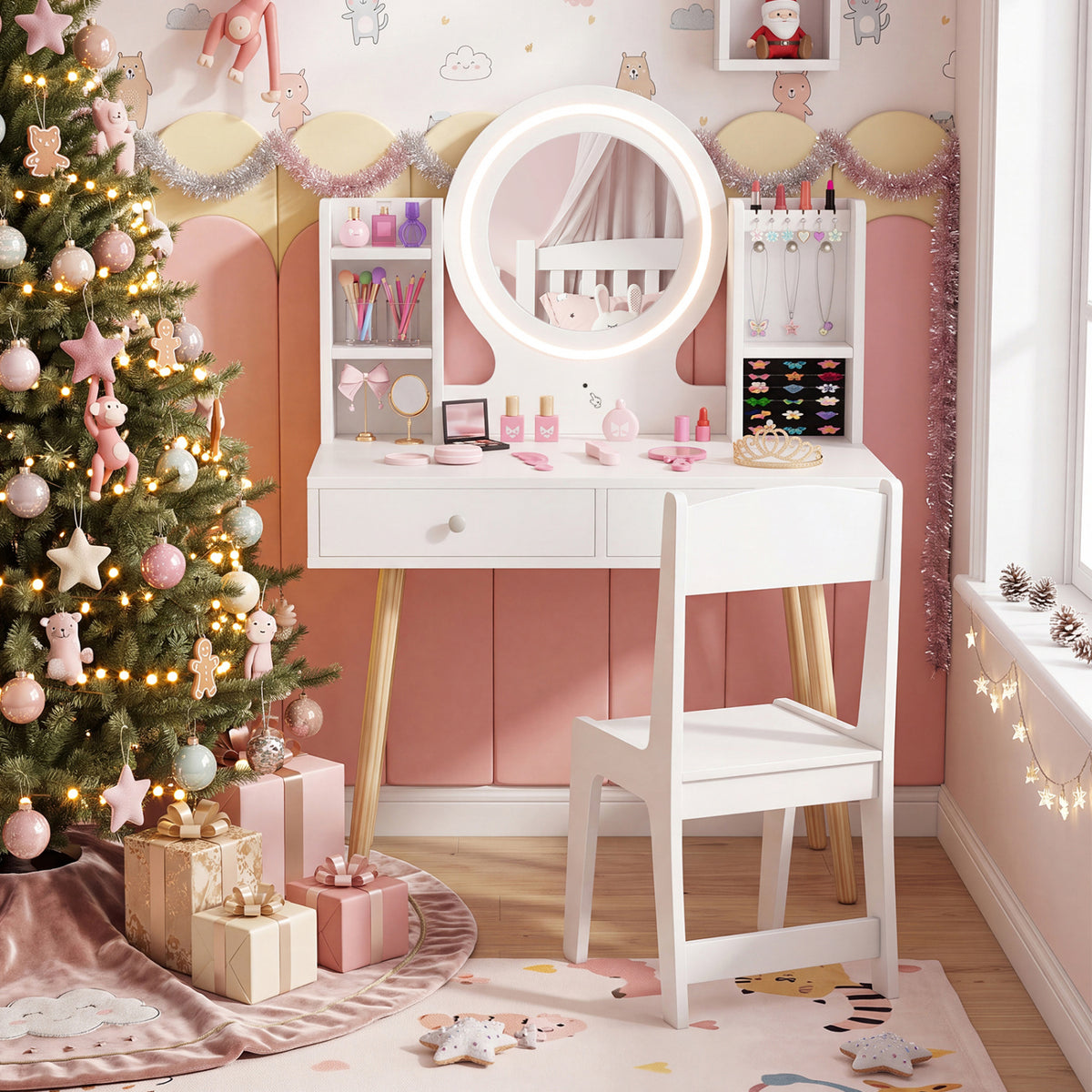 Kids Vanity Set with Lighted Mirror and Storage Drawers