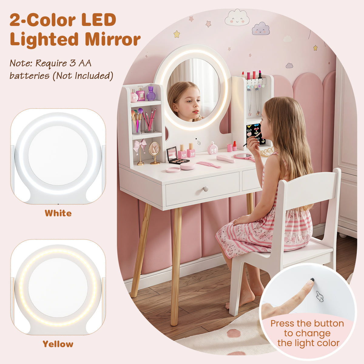 Kids Vanity Set with Lighted Mirror and Storage Drawers