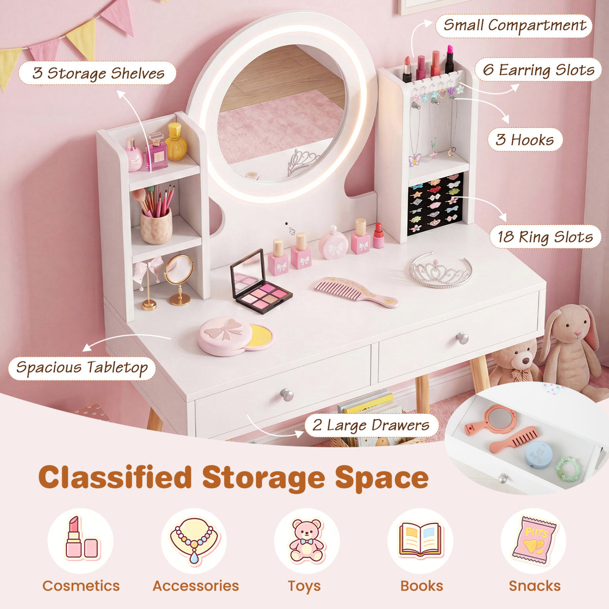 Kids Vanity Set with Lighted Mirror and Storage Drawers