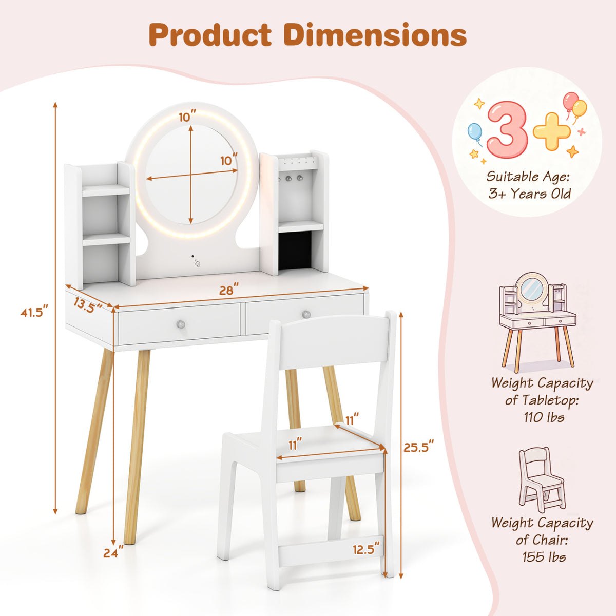 Kids Vanity Set with Lighted Mirror and Storage Drawers
