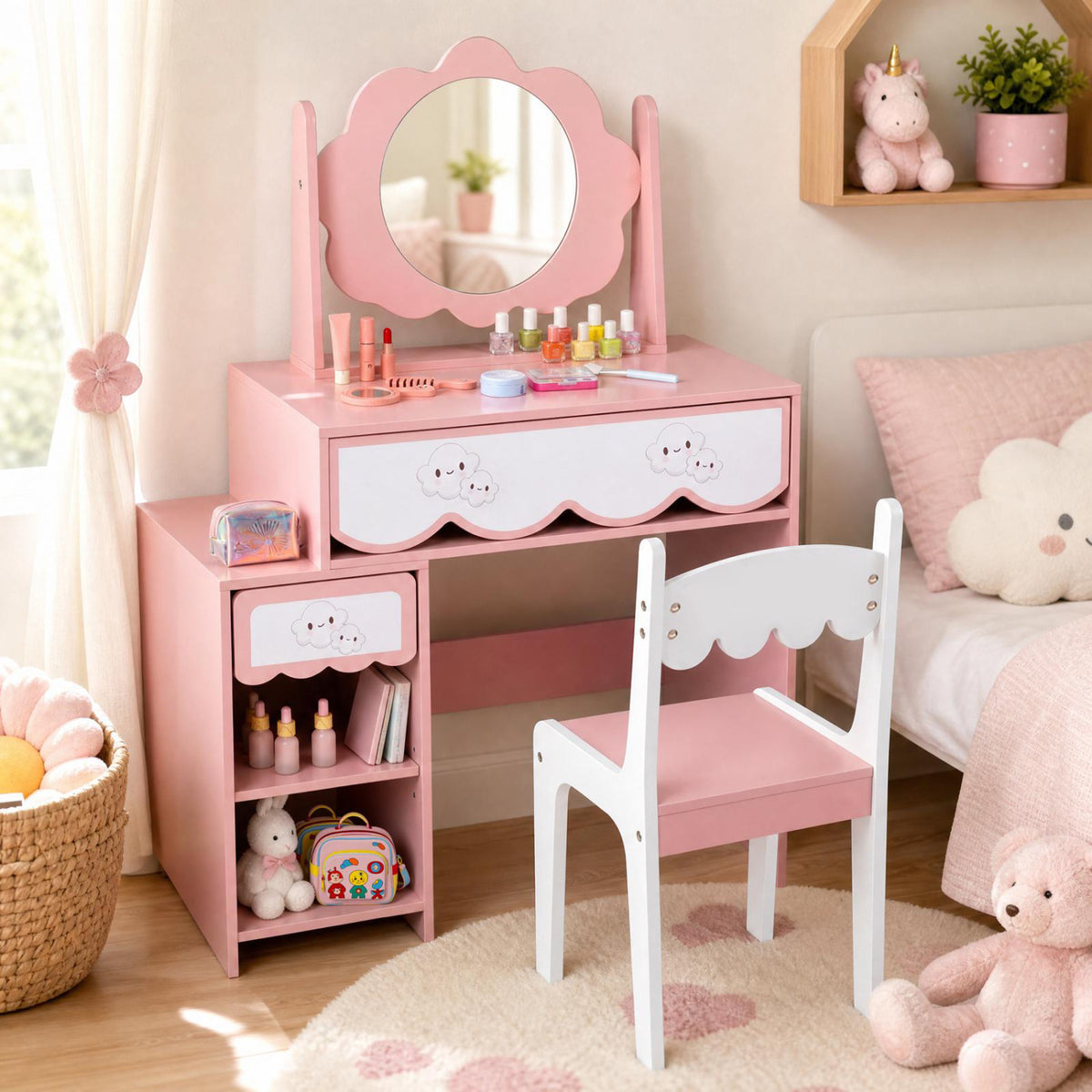 Kids Vanity Set with 360° Rotating Mirror & Chair for Girls-Pink