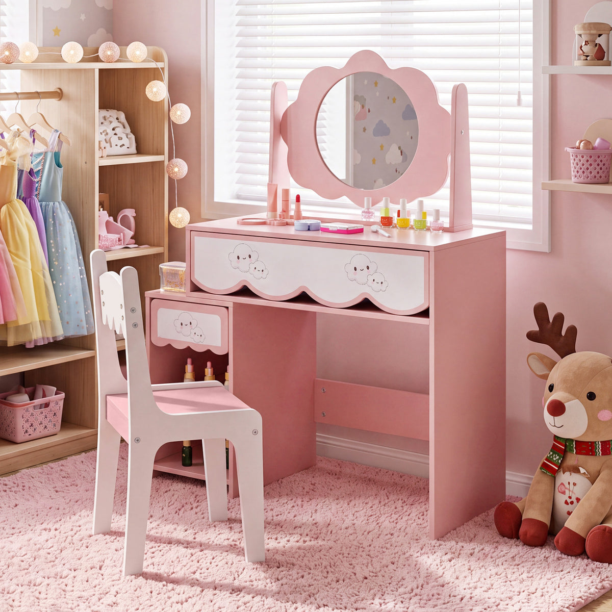Kids Vanity Set with 360° Rotating Mirror & Chair for Girls-Pink
