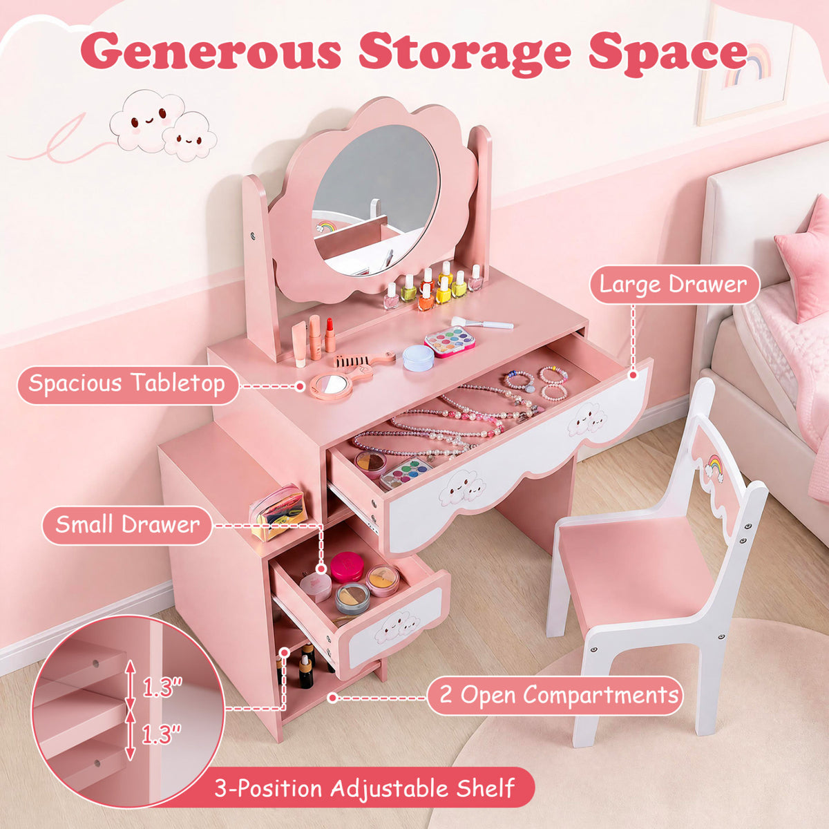 Kids Vanity Set with 360° Rotating Mirror & Chair for Girls-Pink