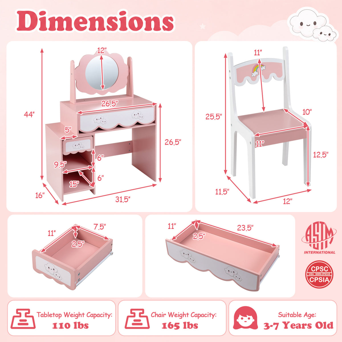Kids Vanity Set with 360° Rotating Mirror & Chair for Girls-Pink