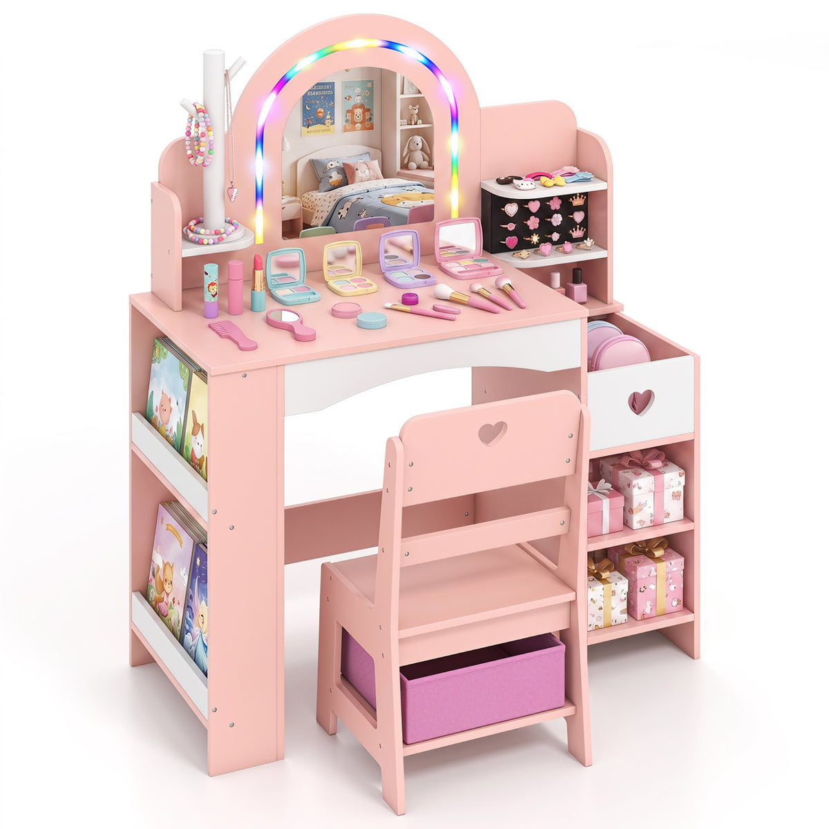 Kids Vanity Set with Colorful LED Lights and Jewelry Stand for Toddlers
