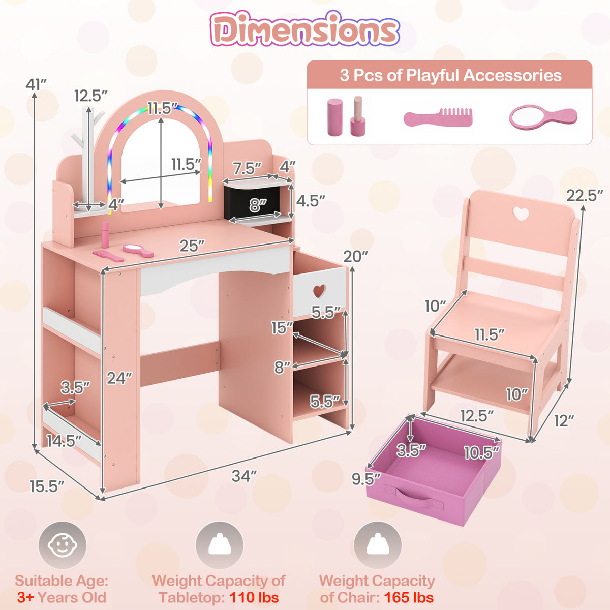 Kids Vanity Set with Colorful LED Lights and Jewelry Stand for Toddlers