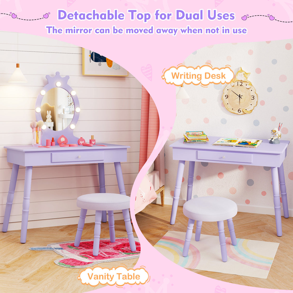 Kids Vanity Set with Lighted Mirror with Adjustable Brightness and Large Drawer