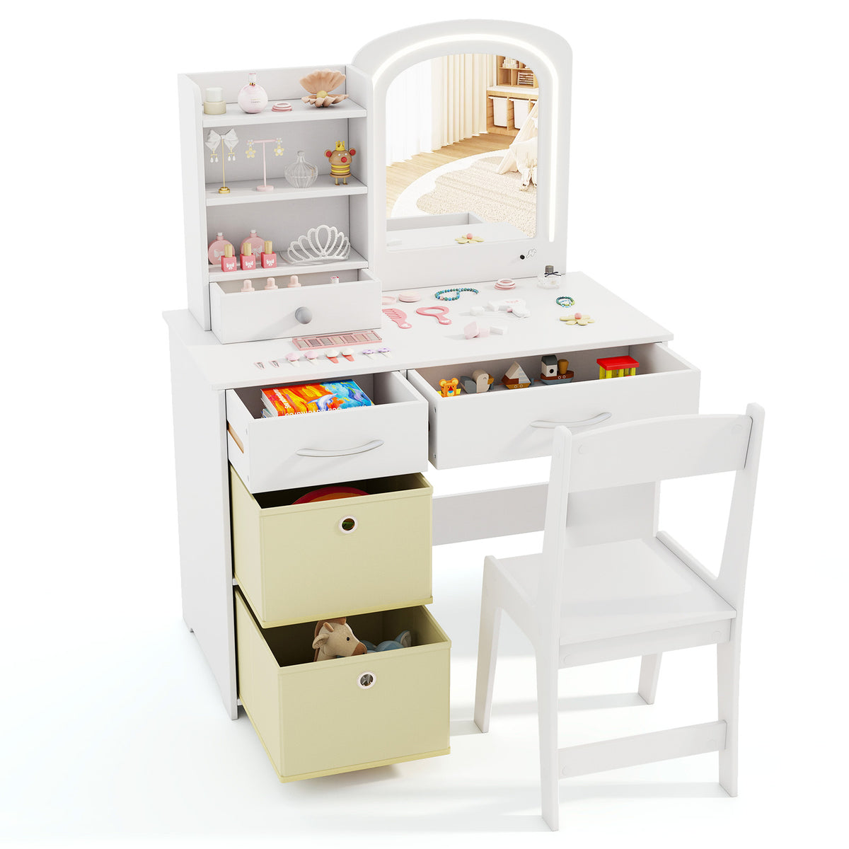 Kids Vanity Set with Lighted Mirror Makeup Desk and Chair Set with Drawers