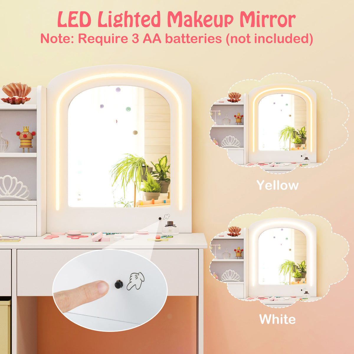 Kids Vanity Set with Lighted Mirror Makeup Desk and Chair Set with Drawers
