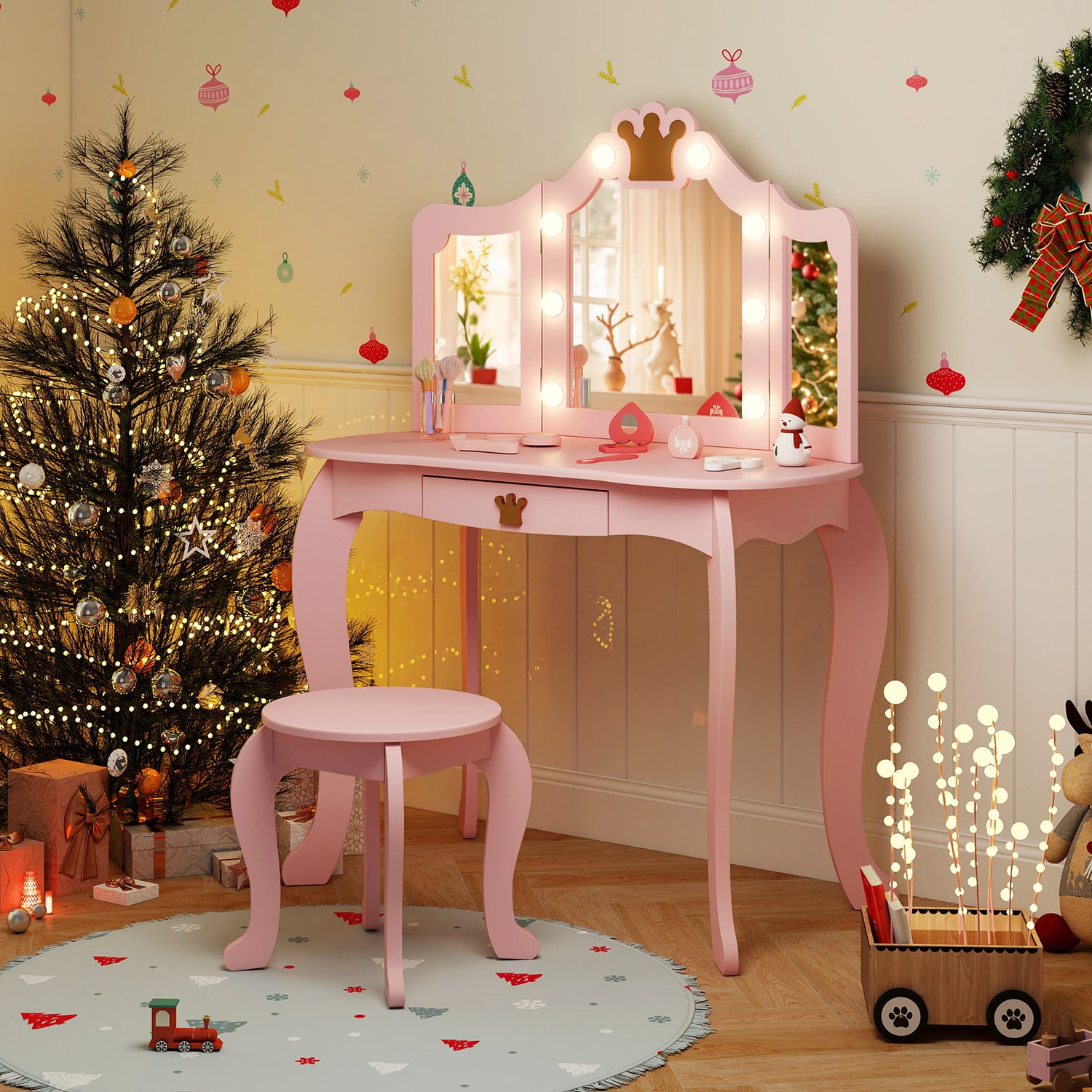 Kids Vanity Set with Tri-fold Lighted Mirror Detachable Top and Stool