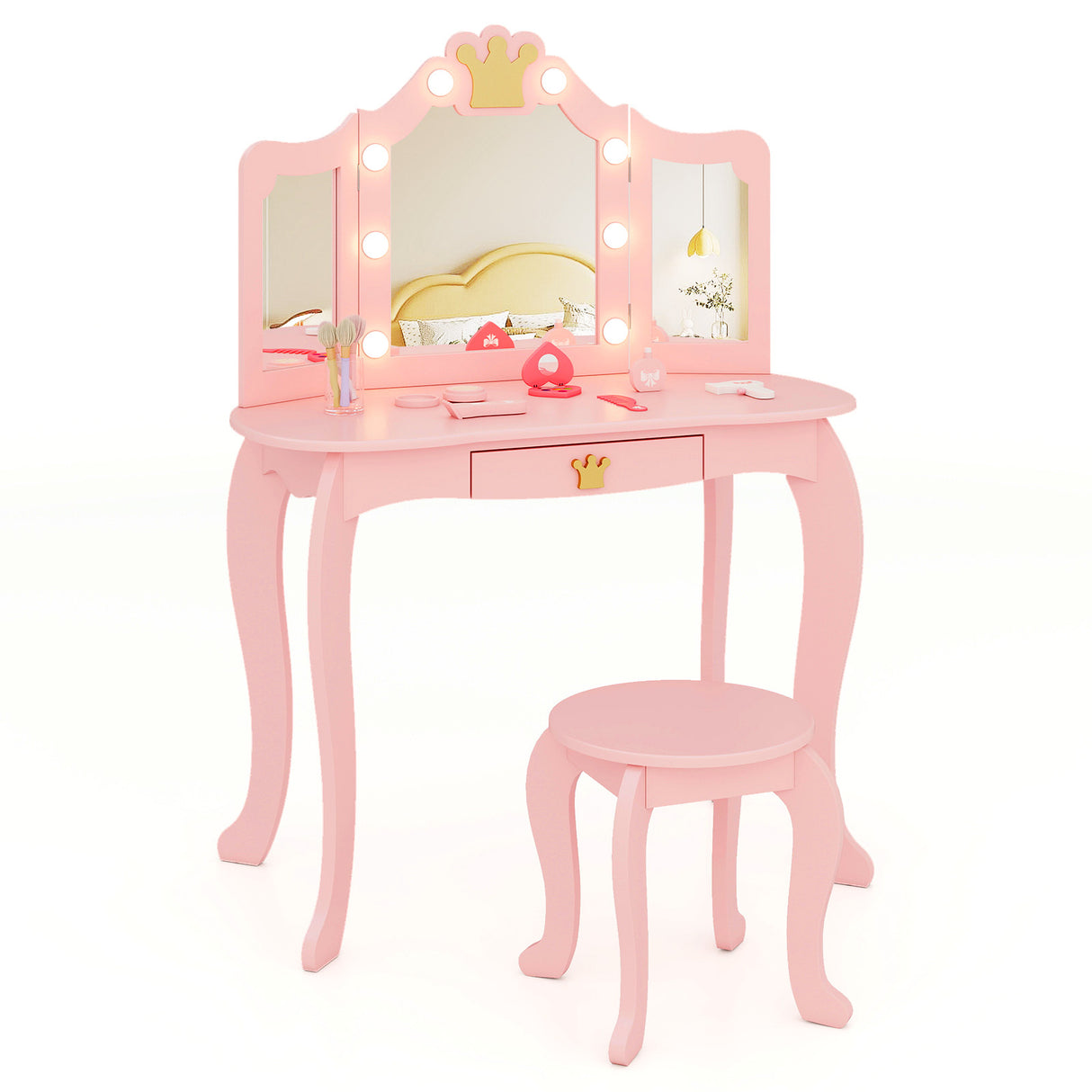 Kids Vanity Set with Tri-fold Lighted Mirror Detachable Top and Stool