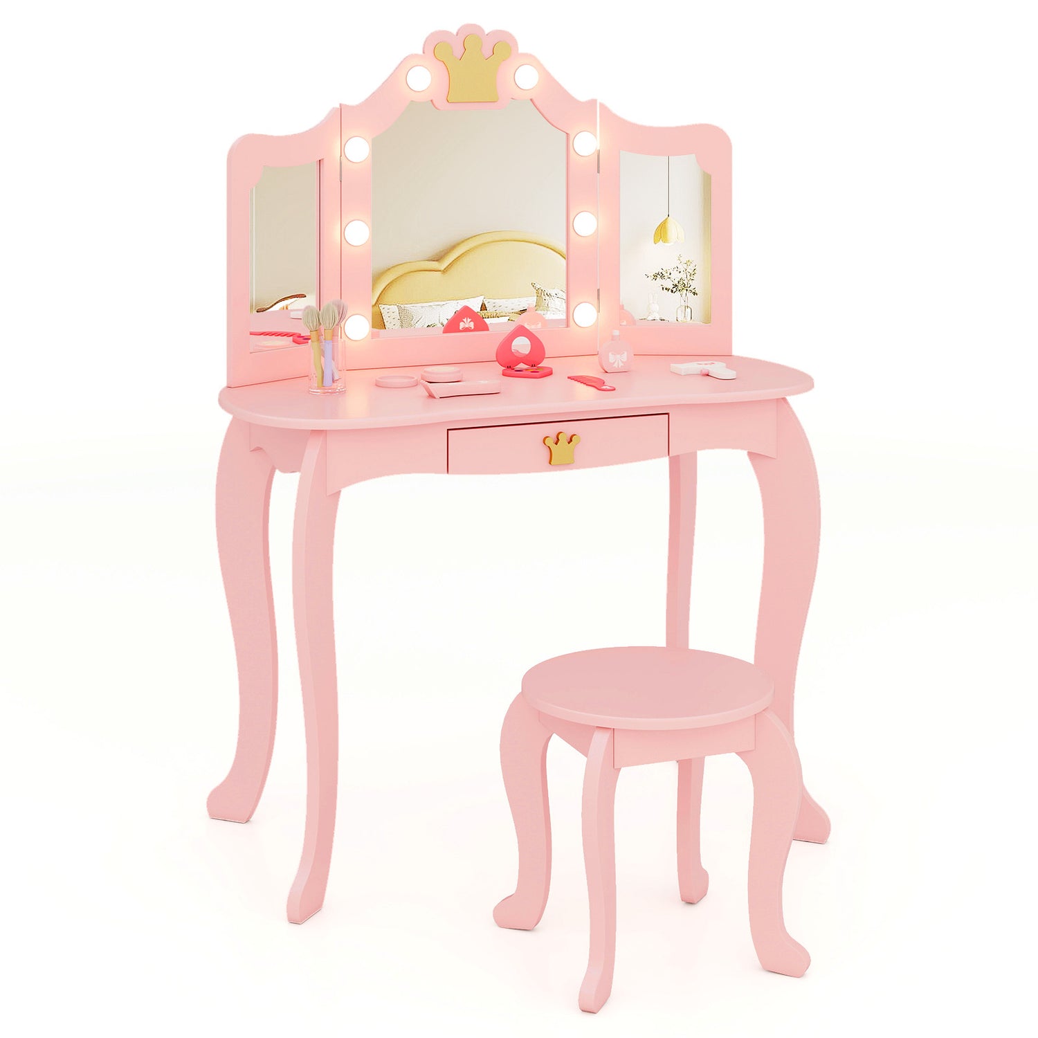 Kids Vanity Set with Tri-fold Lighted Mirror Detachable Top and Stool