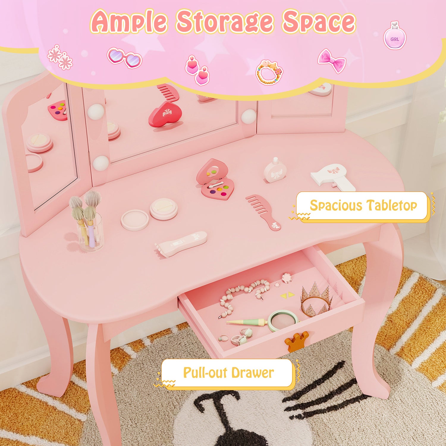 Kids Vanity Set with Tri-fold Lighted Mirror Detachable Top and Stool
