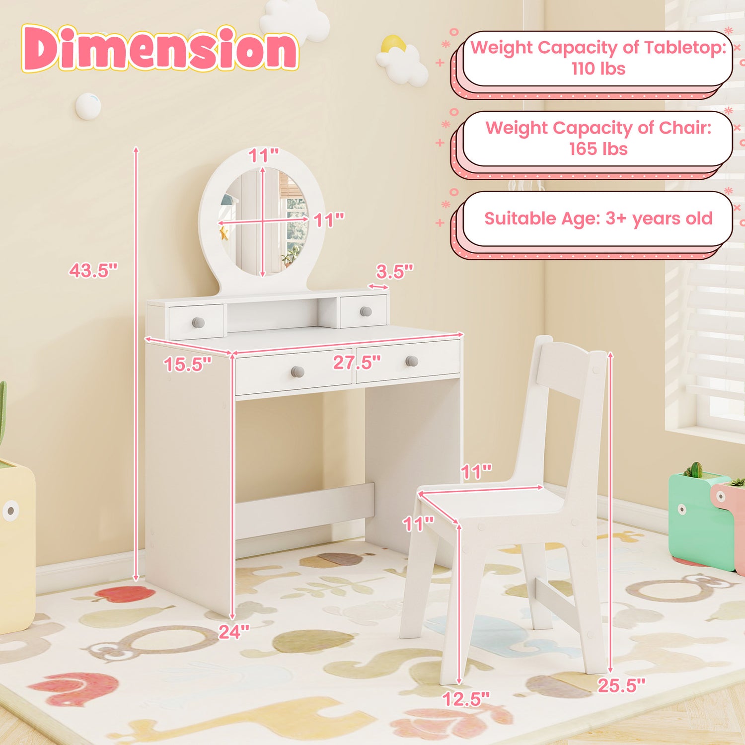 Kids Vanity Set with Mirror Princess Makeup Dressing Desk and Chair Set with Mirror