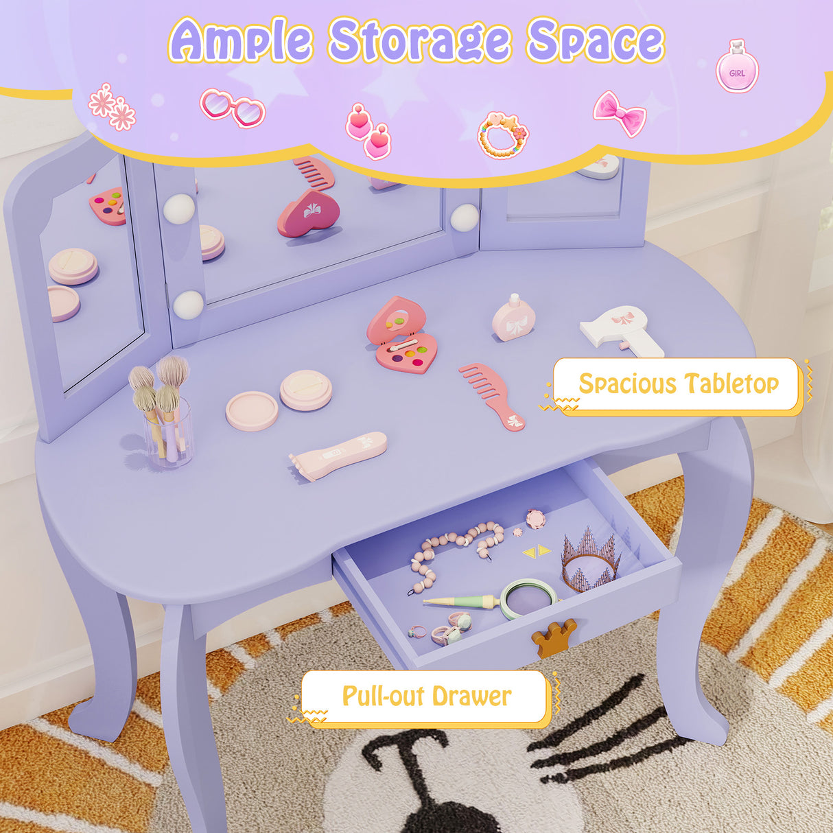 Kids Vanity Set with Tri-fold Lighted Mirror Detachable Top and Stool