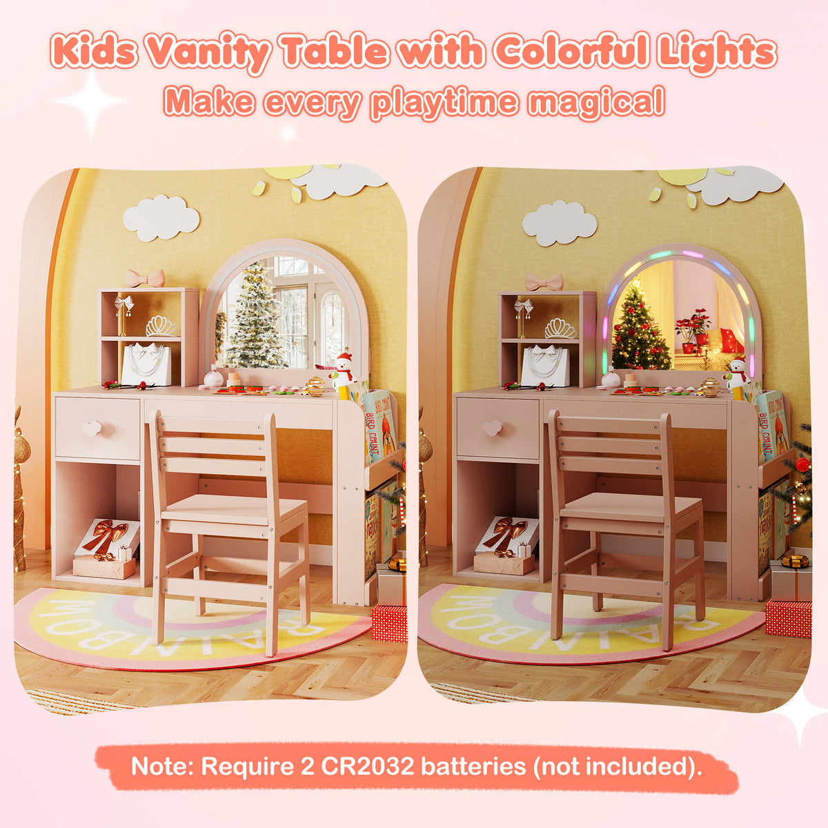 Kids Vanity Table and Chair Set with Lighted Mirror for Kids Aged 3+ Years Old