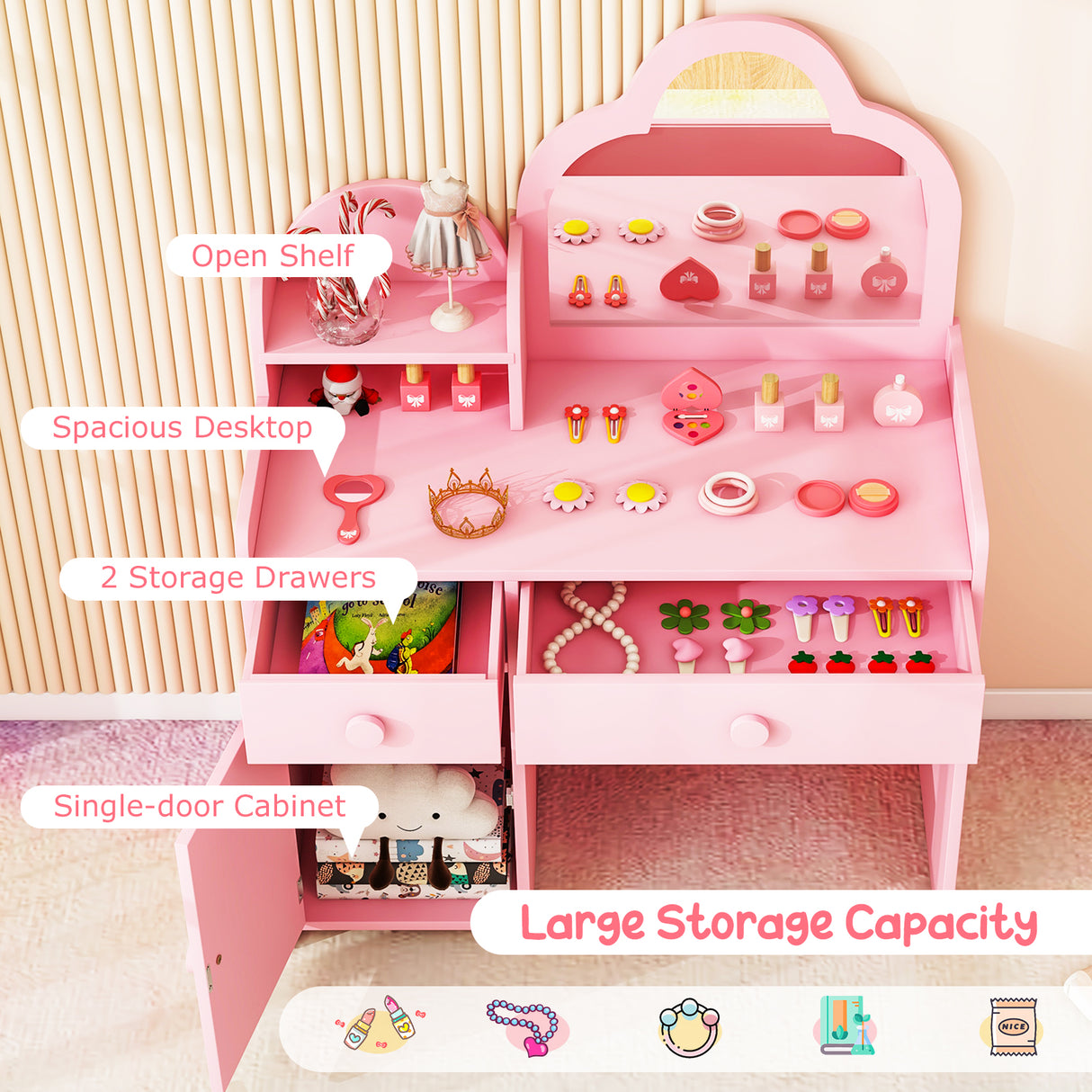 Kids Vanity Table and Chair Set with Cloud-shaped Mirror and Open Shelf