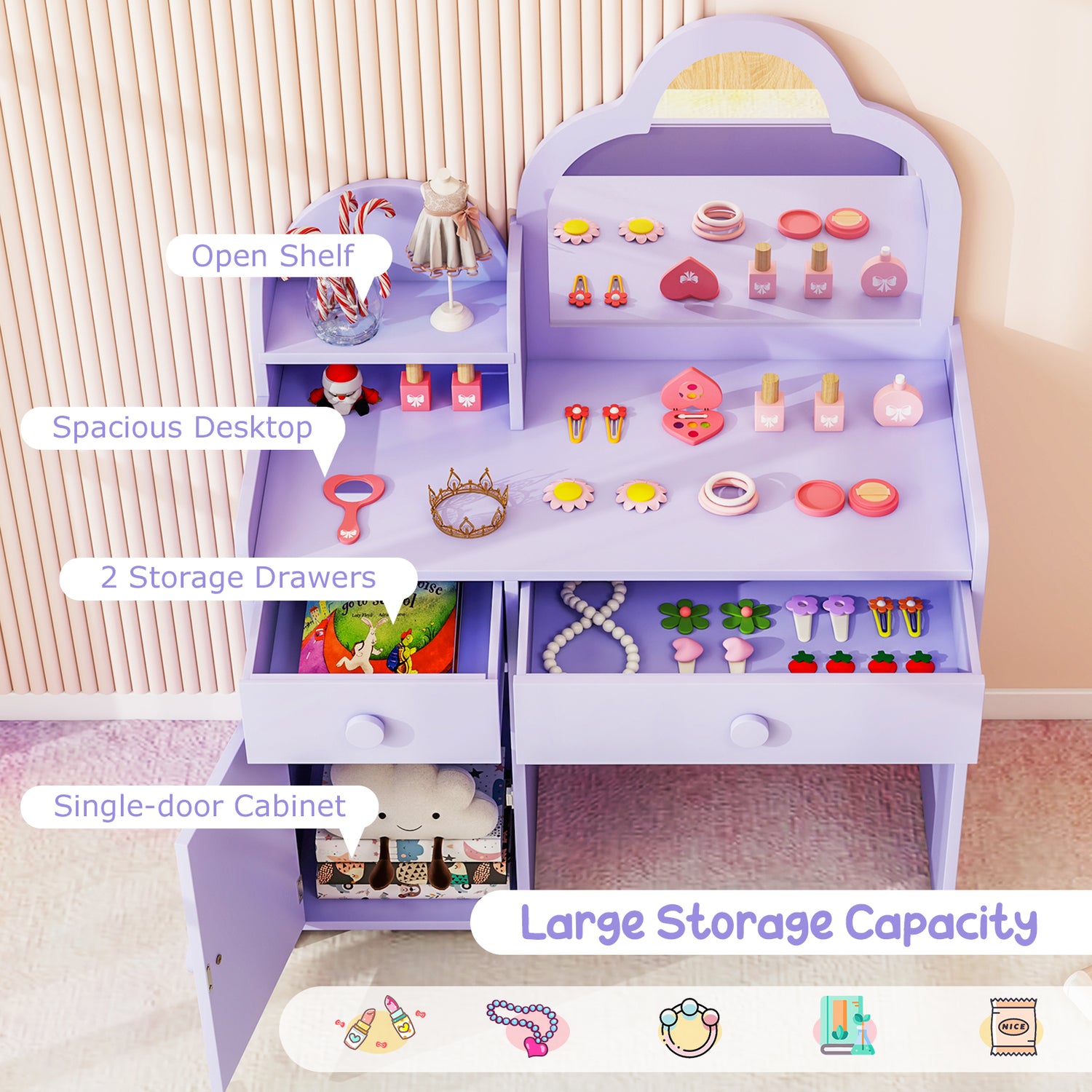 Kids Vanity Table and Chair Set with Cloud-shaped Mirror and Open Shelf
