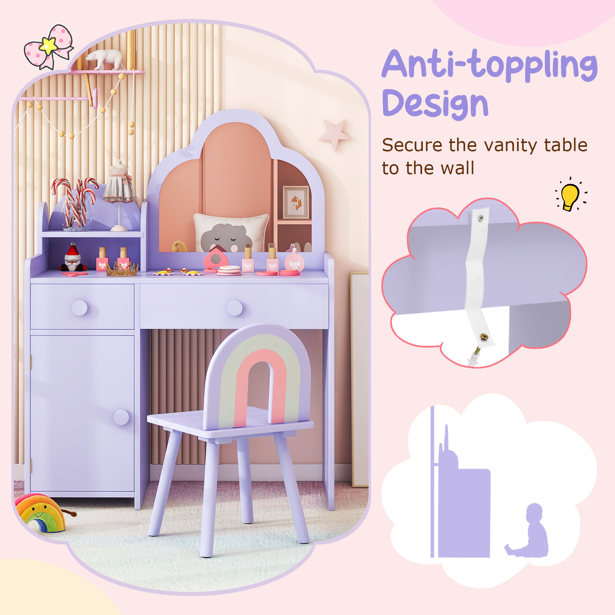 Kids Vanity Table and Chair Set with Cloud-shaped Mirror and Open Shelf