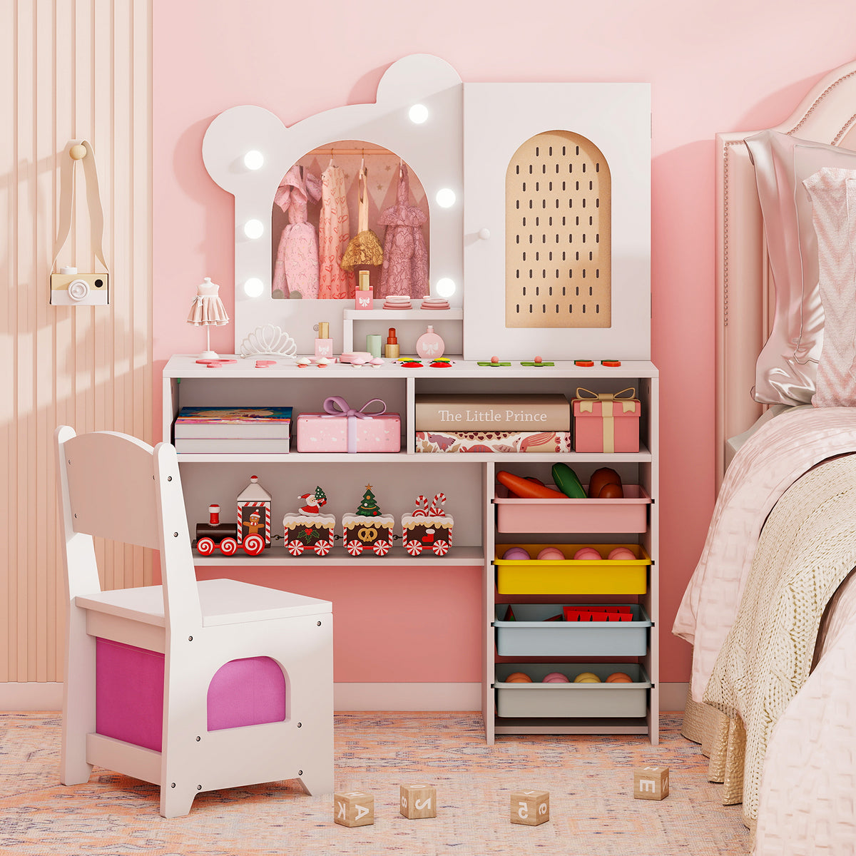 Kids Vanity with Lights and 5 Drawers for Kids Aged 3+ Years Old