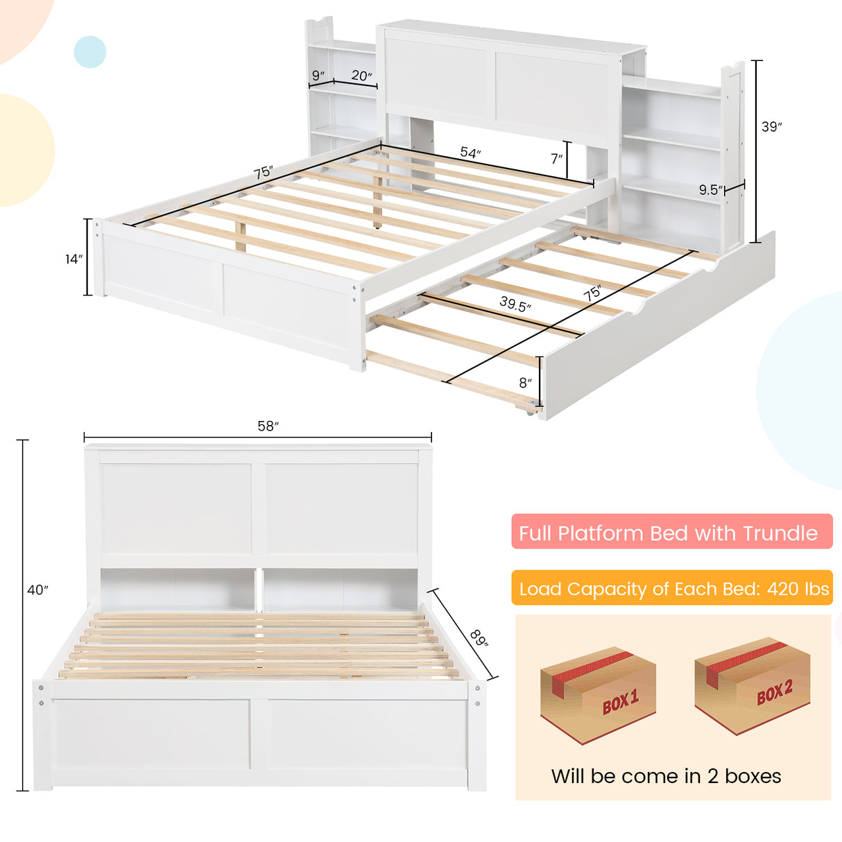 Twin/Full Kids Wooden Platform Bed with Trundle Storage Headboard-Full Size