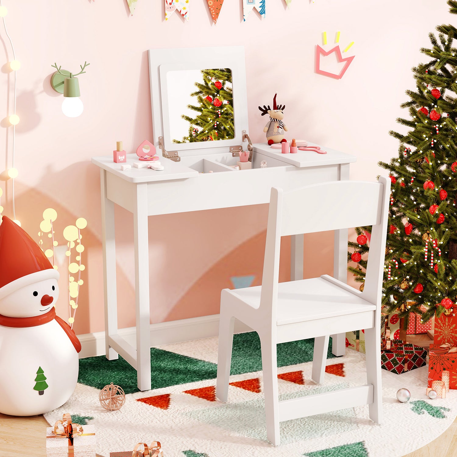 2-in-1 Kids Vanity Makeup Table and Chair Set with Flip Top Mirror
