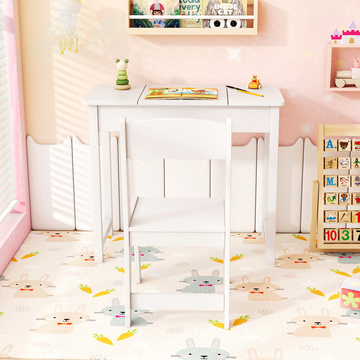 2-in-1 Kids Vanity Makeup Table and Chair Set with Flip Top Mirror