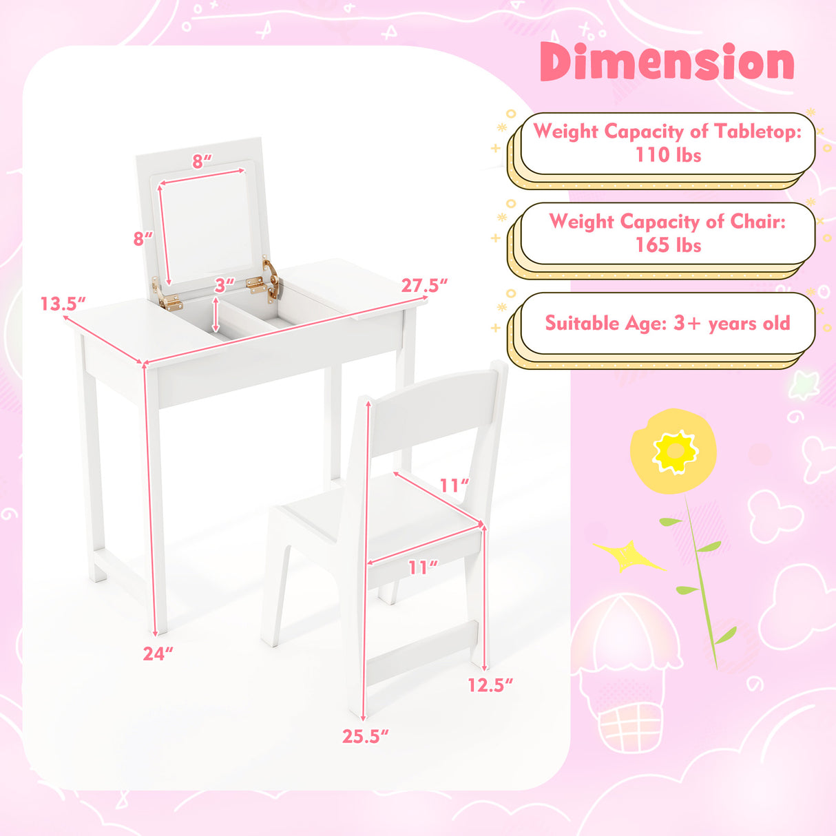2-in-1 Kids Vanity Makeup Table and Chair Set with Flip Top Mirror