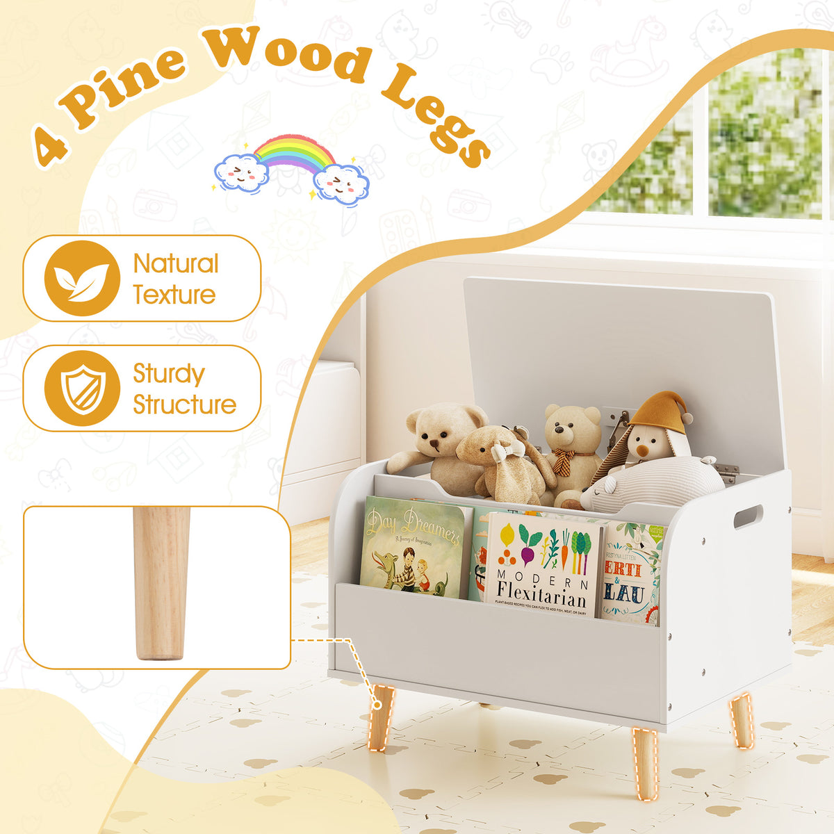 Kids Wooden Toy Box with Front Bookshelf and 4 Solid Wood Legs for Playroom