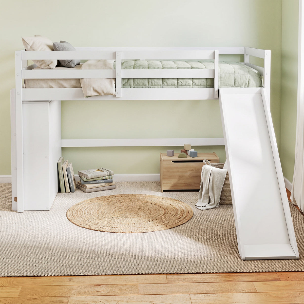 Kids Wooden Twin Size Loft Bed Frame with Slide and Ladder-White