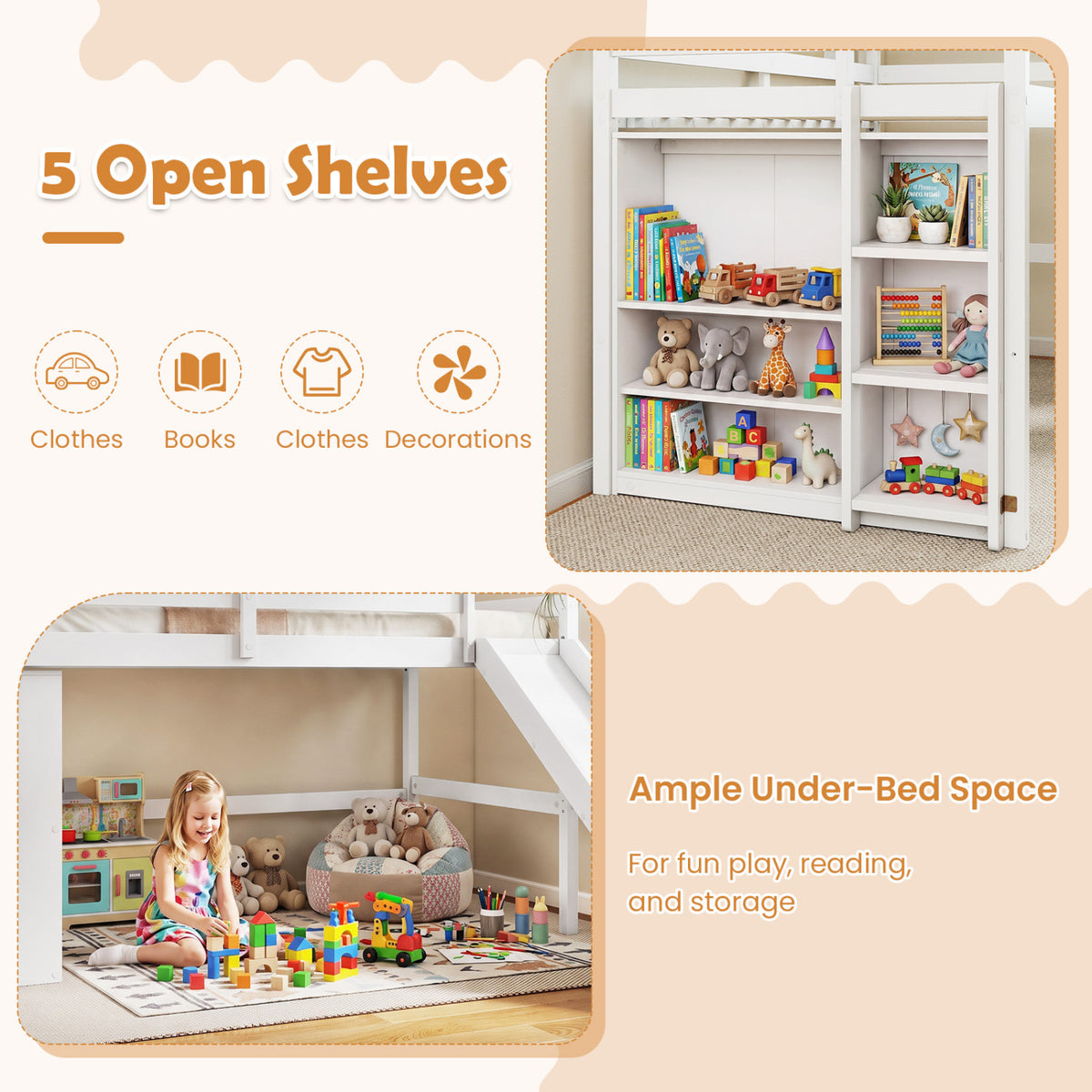Kids Wooden Twin Size Loft Bed Frame with Slide and Ladder-White