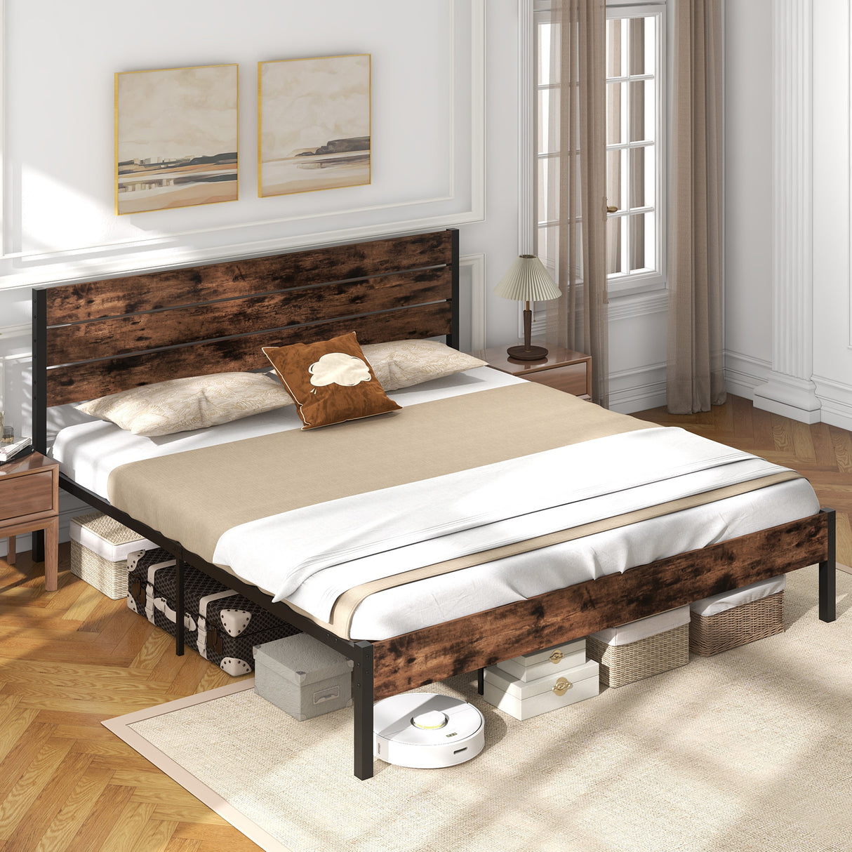Full/King/Queen/Twin Size Bed Frame with High Headboard and Mute Bar