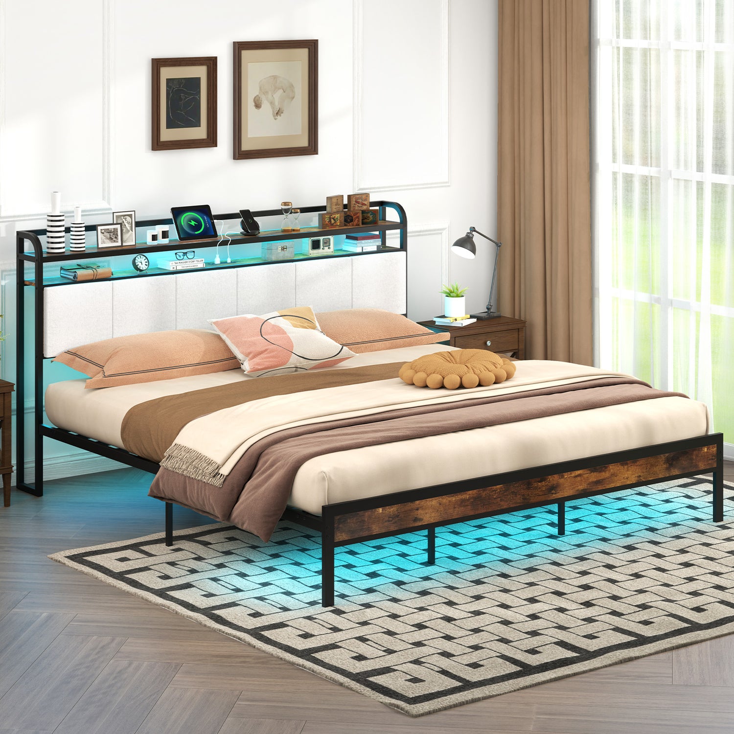 Twin/Full/Queen/King Size Bed Frame with LED Light and Charging Station