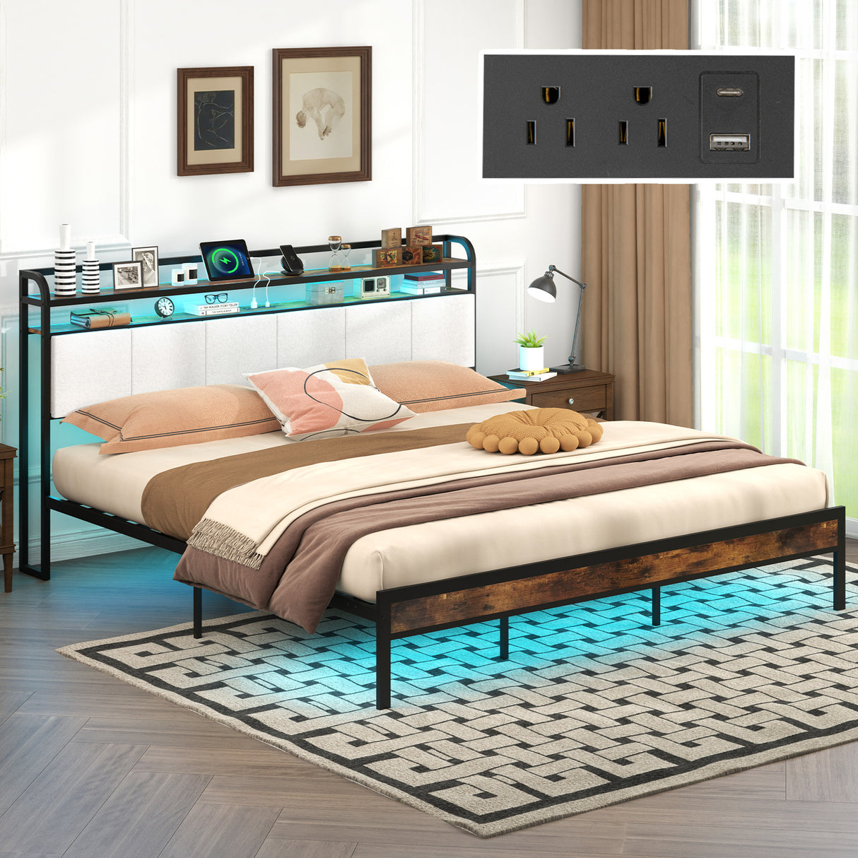 Twin/Full/Queen/King Size Bed Frame with LED Light and Charging Station