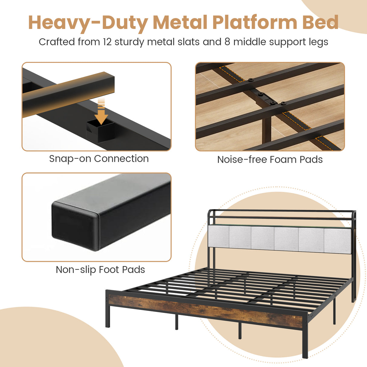 Twin/Full/Queen/King Size Bed Frame with LED Light and Charging Station