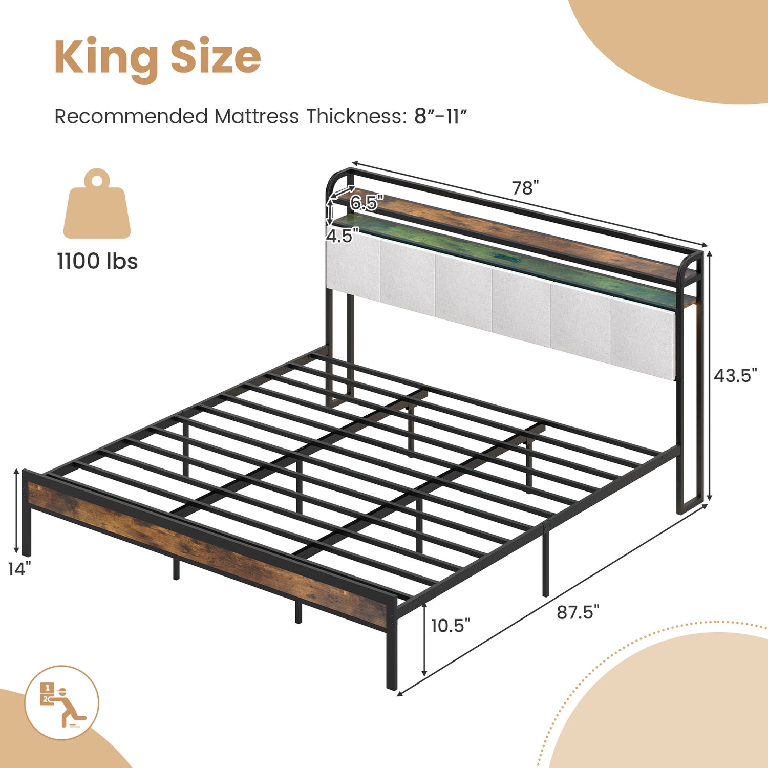 Twin/Full/Queen/King Size Bed Frame with LED Light and Charging Station