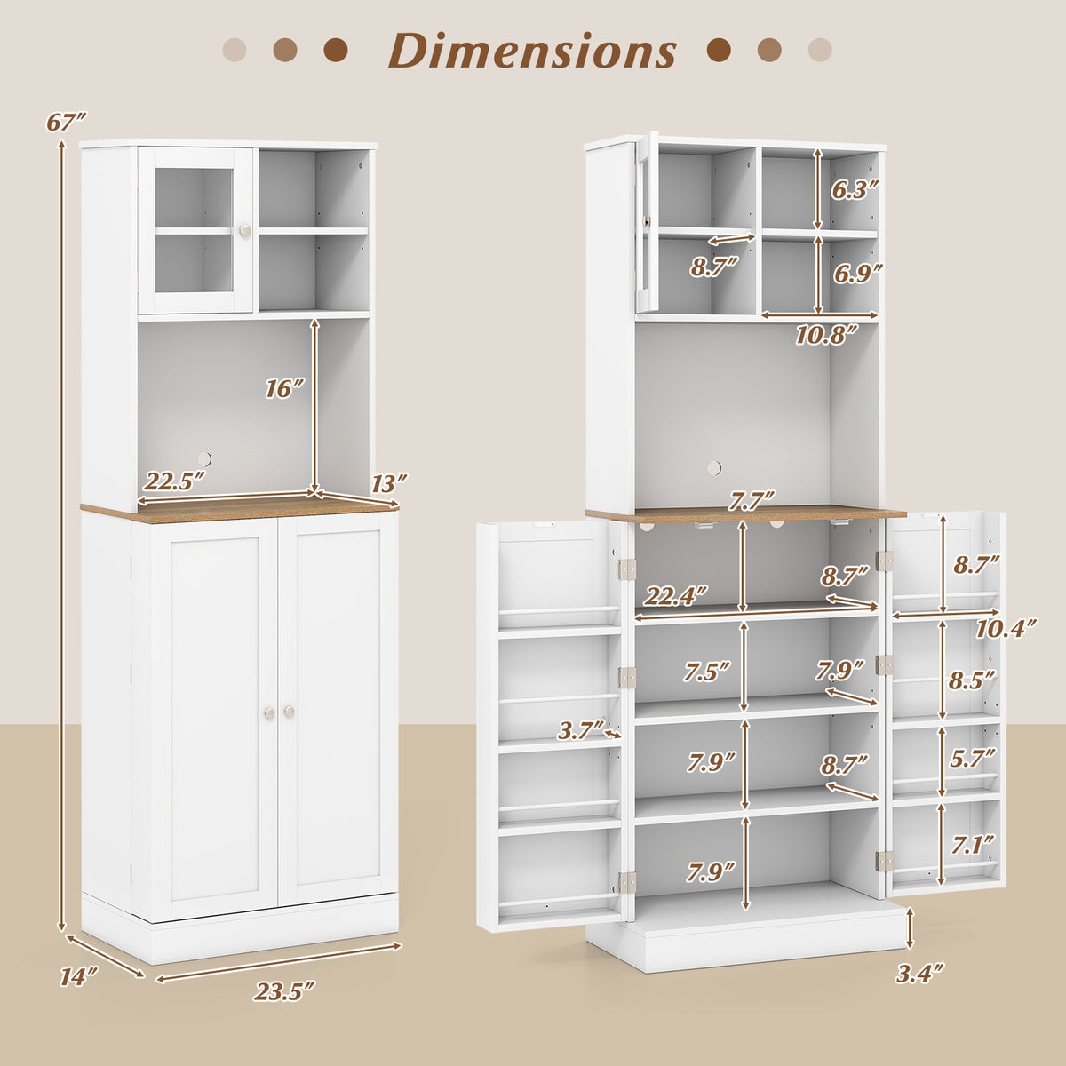 Kitchen Pantry Cabinet 67 Inch Freestanding Tall Cupboard with Microwave Shelf-White