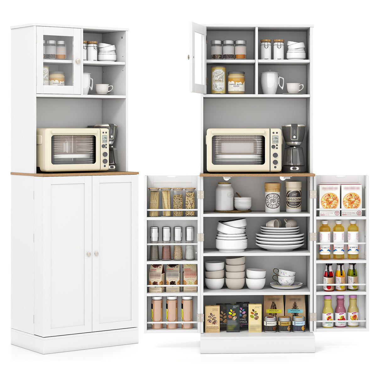 Kitchen Pantry Cabinet 67 Inch Freestanding Tall Cupboard with Microwave Shelf-White