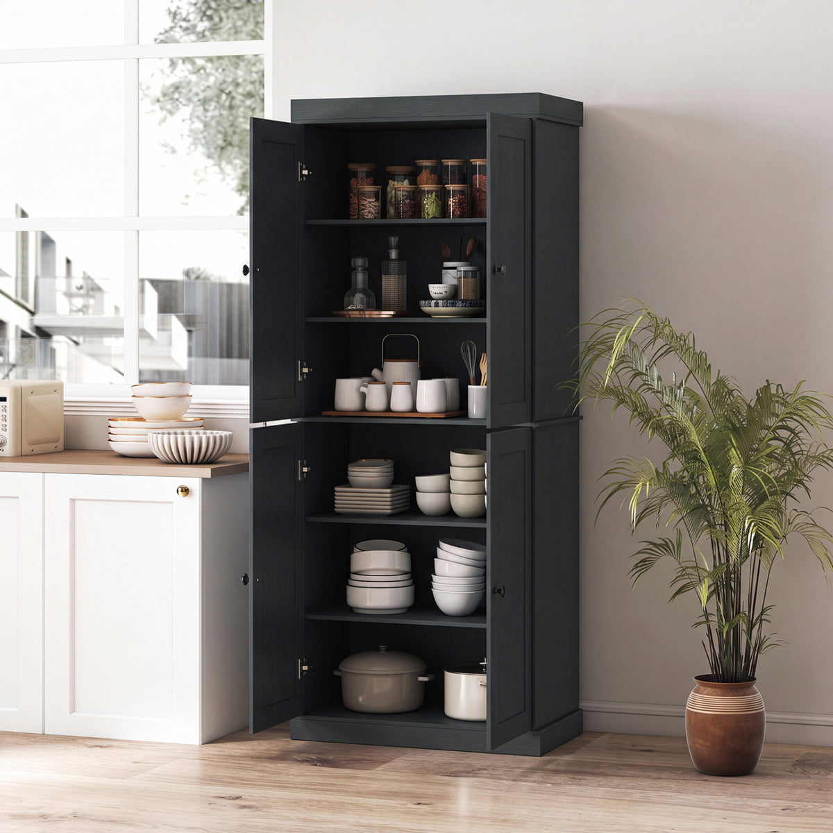 Kitchen Pantry Cabinet with 2 Adjustable Shelves and Anti-Tipping Kits for Living Room