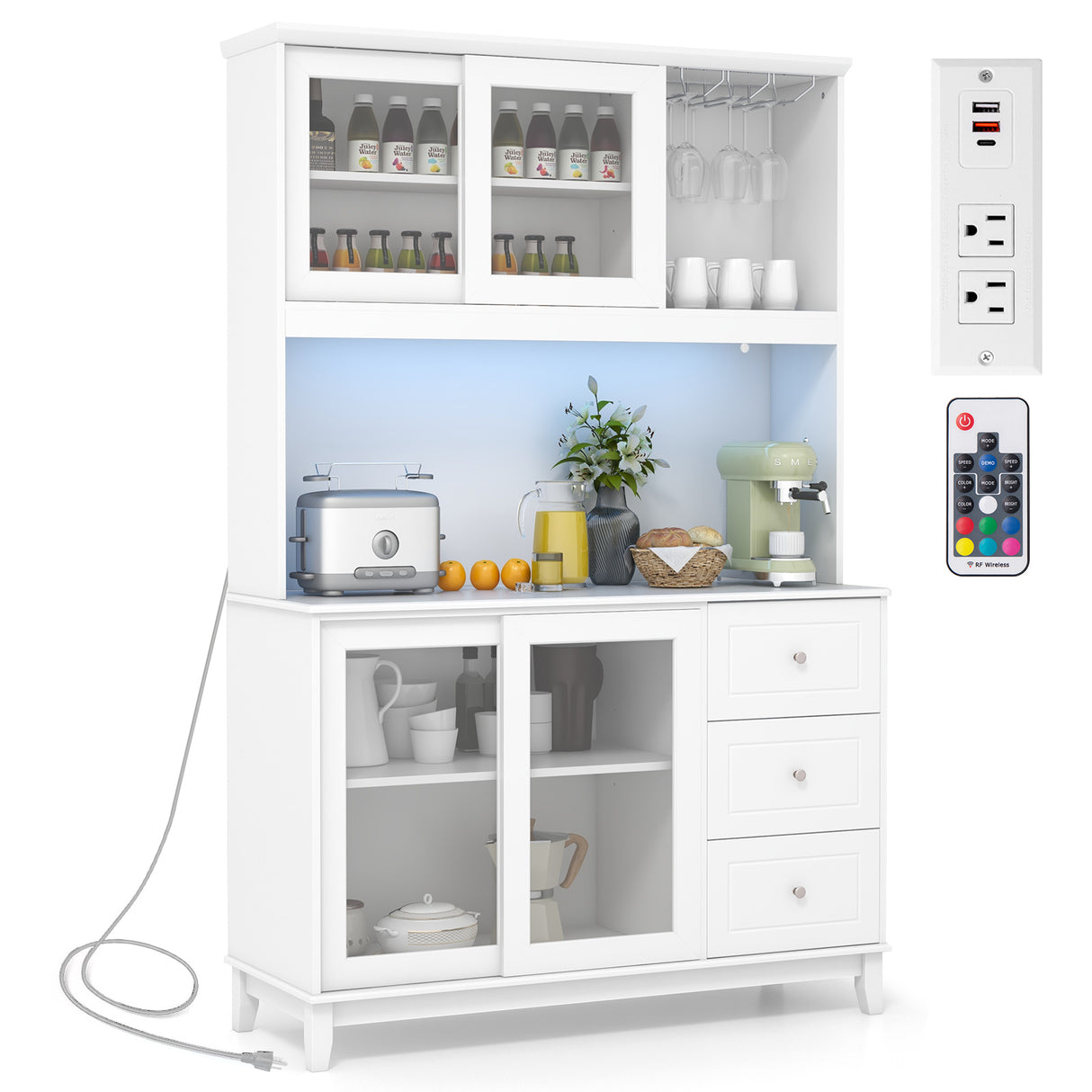 Kitchen Pantry Storage Cabinet Kitchen Hutch with LED lights and Power Outlet