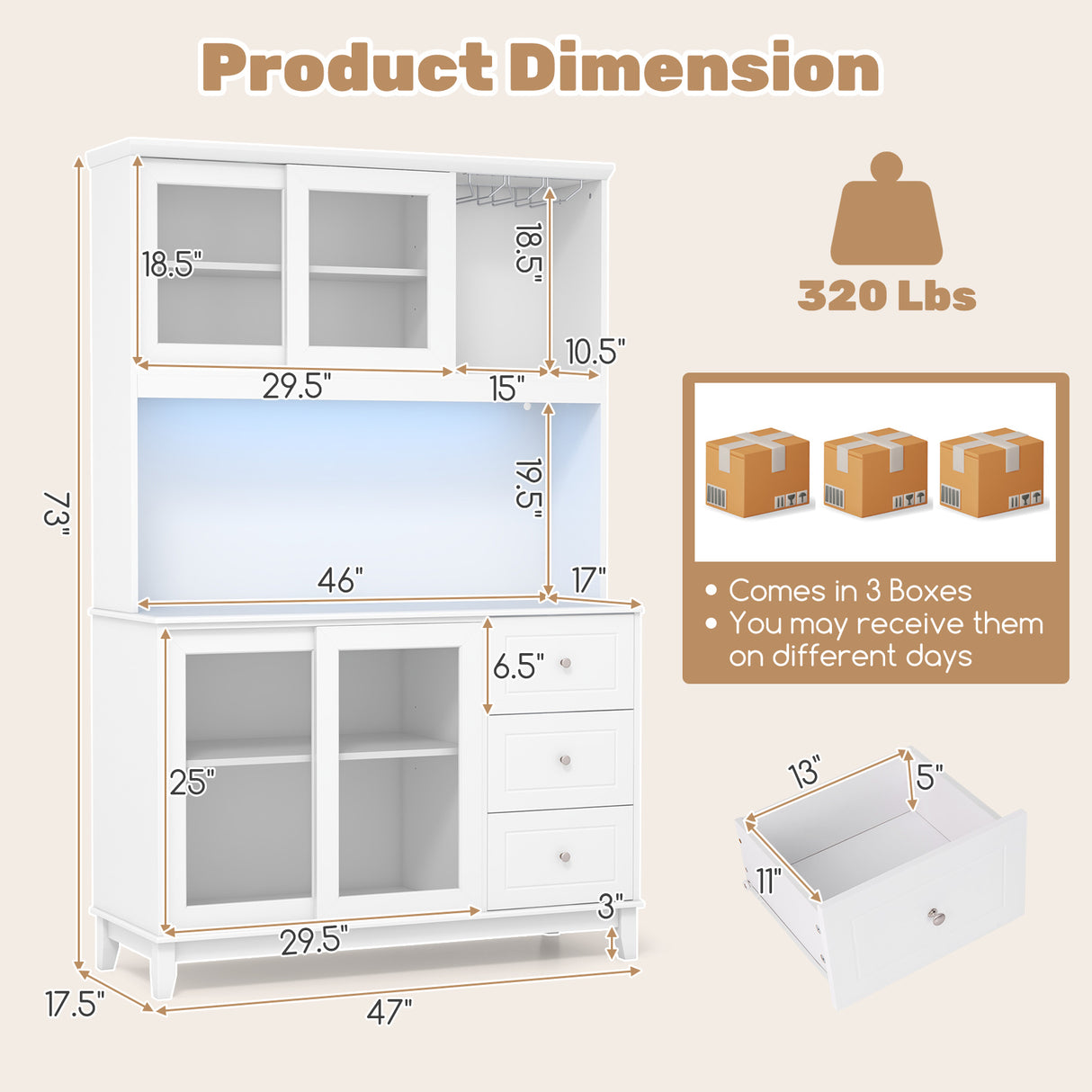 Kitchen Pantry Storage Cabinet Kitchen Hutch with LED lights and Power Outlet
