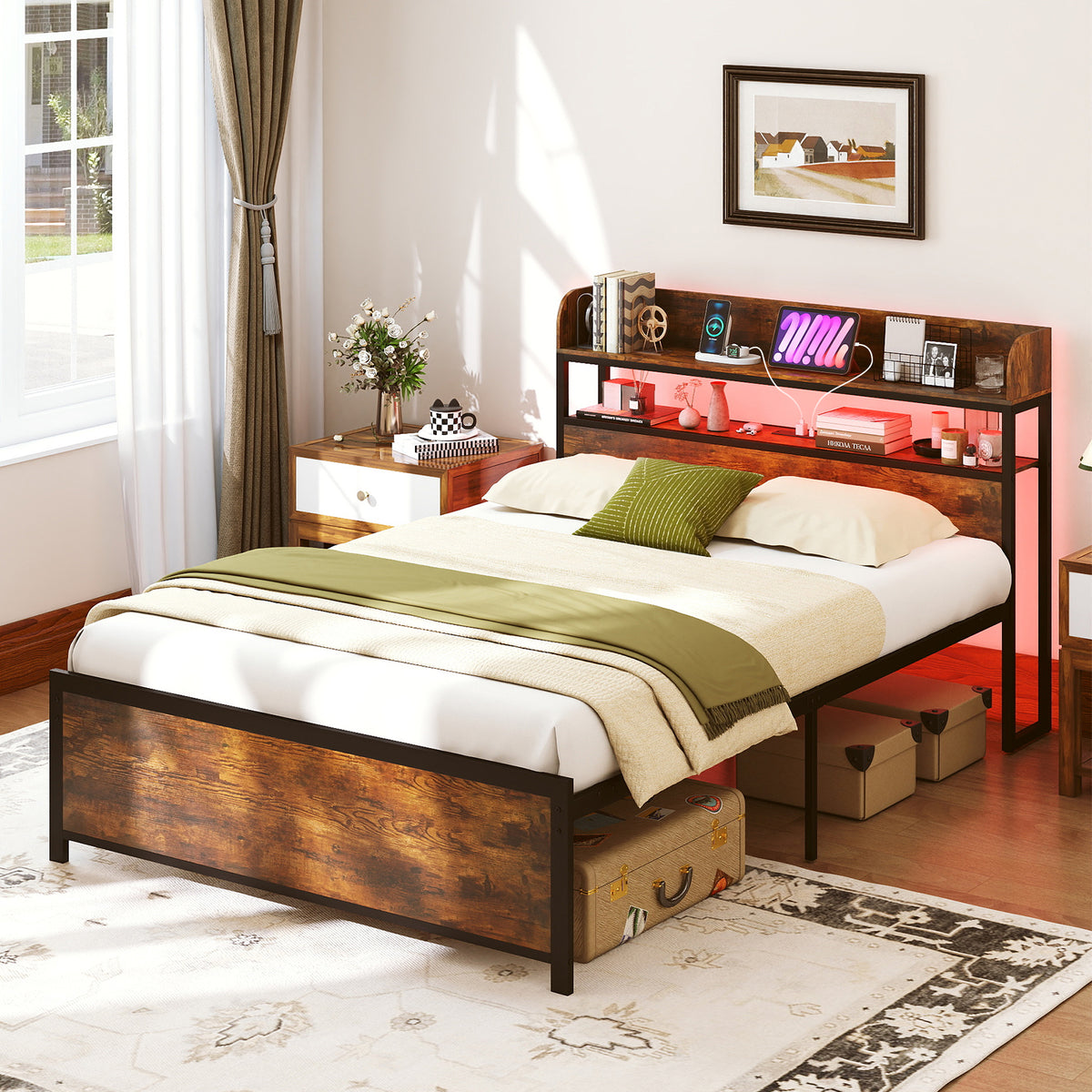 LED Bed Frame with Power Outlets and Storage Headboard
