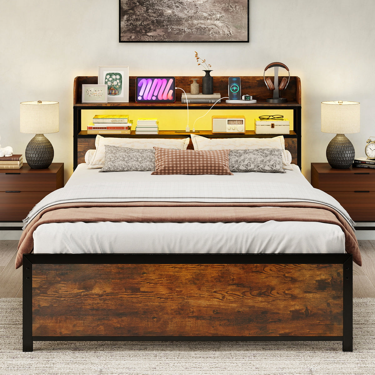 LED Bed Frame with Power Outlets and Storage Headboard