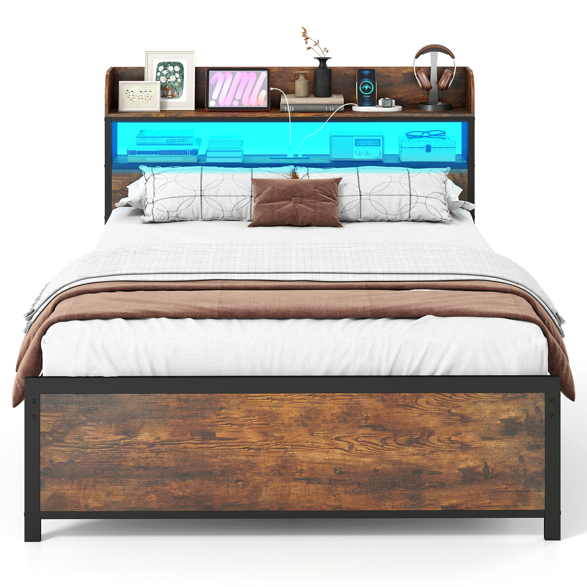 LED Bed Frame with Power Outlets and Storage Headboard