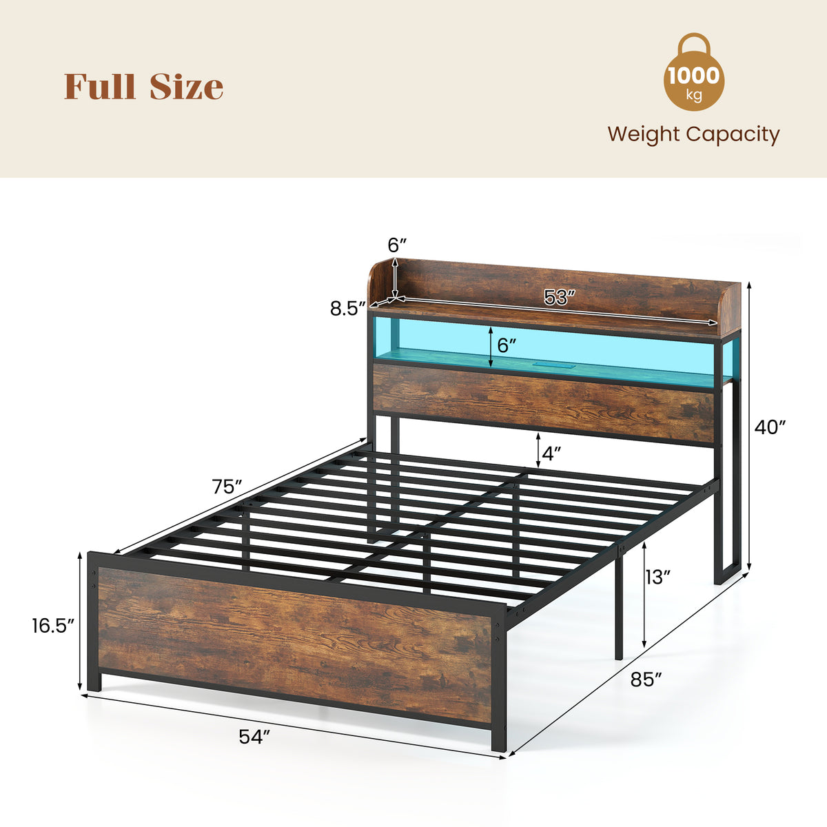 LED Bed Frame with Power Outlets and Storage Headboard