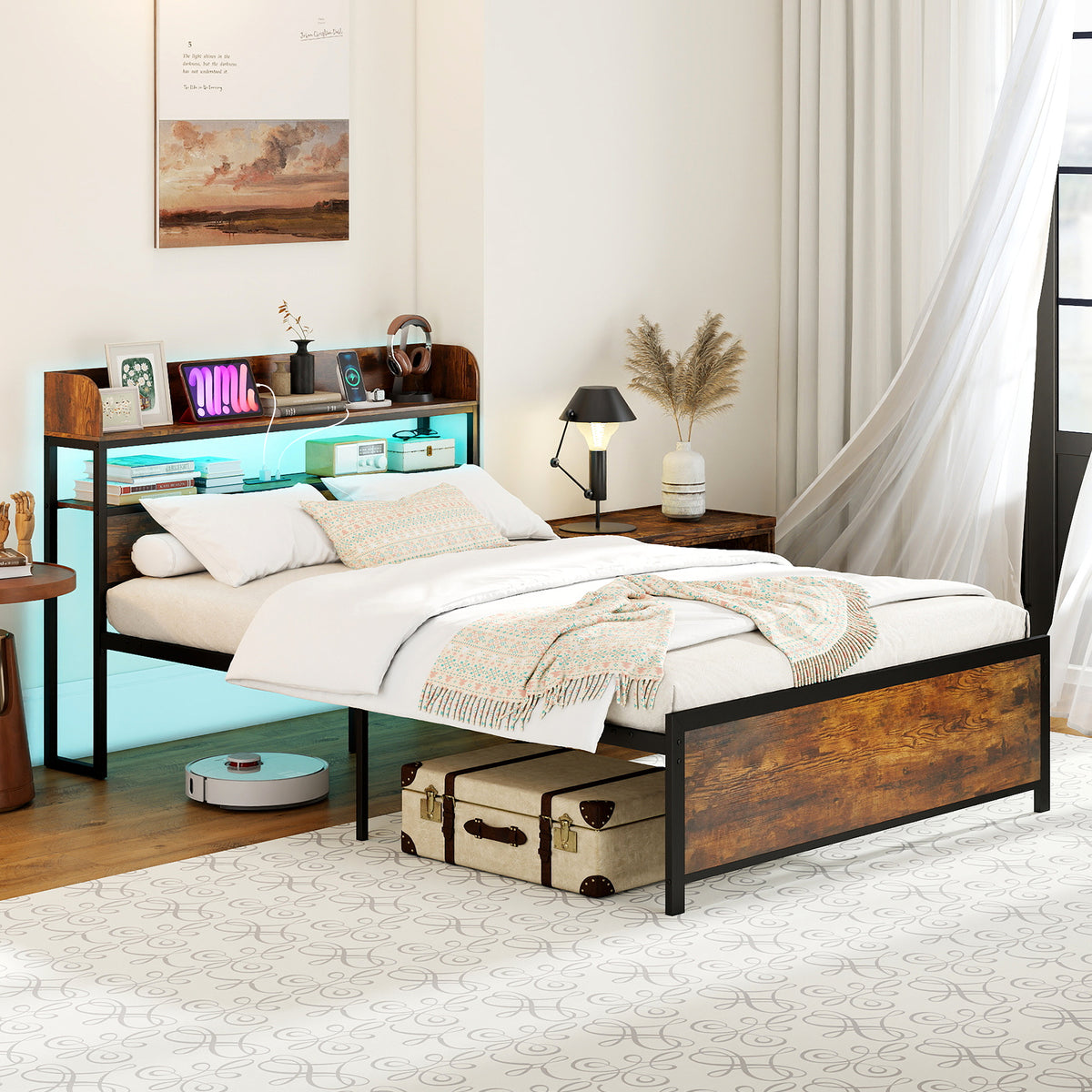 LED Bed Frame with Power Outlets and Storage Headboard